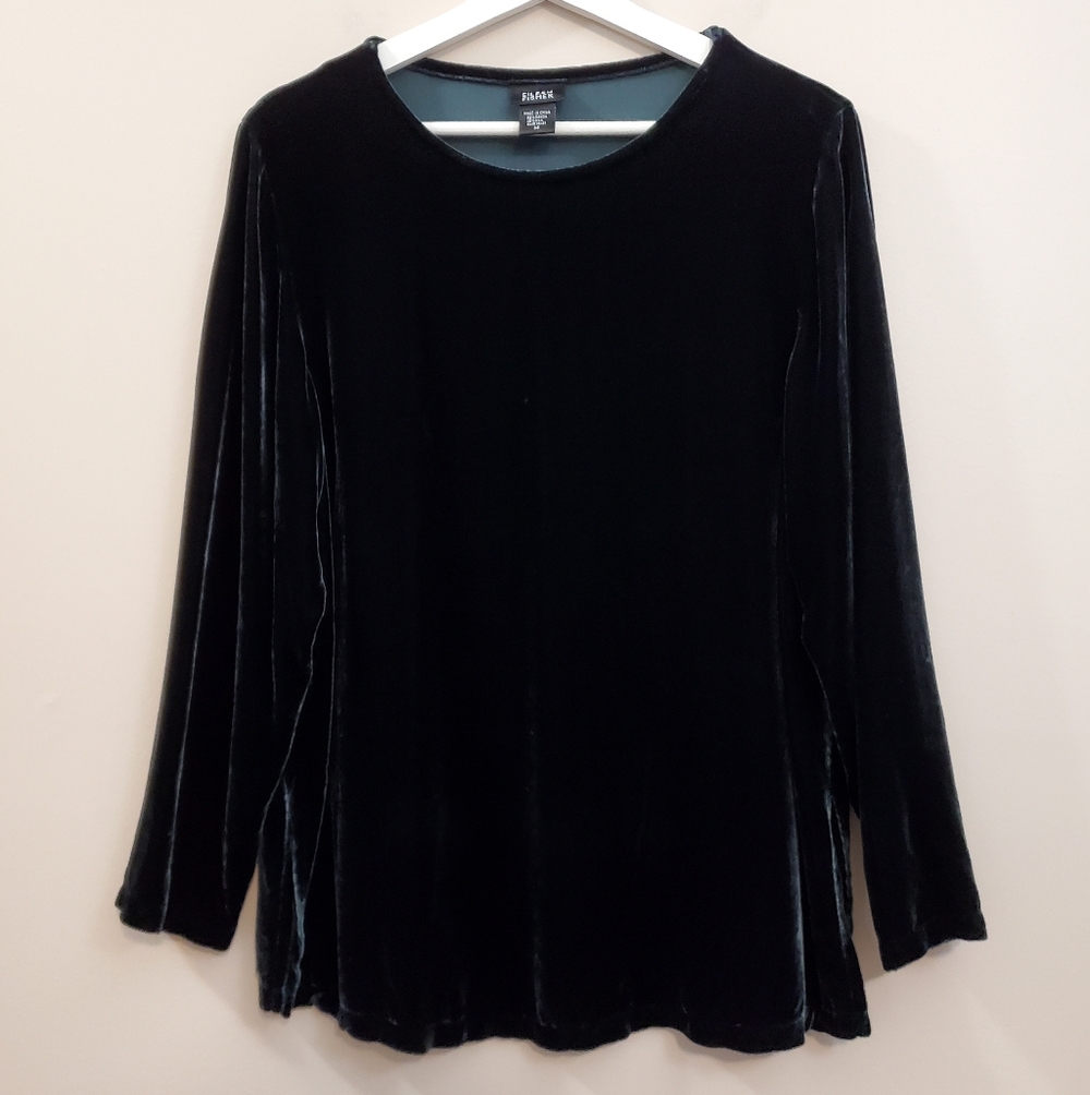 Eileen Fisher - Black/Green Velveteen Rayon Silk Pullover Top Women's Size M